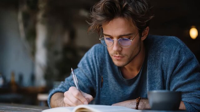 Focused male freelance copywriter reading intently at a cozy cafe during a sunny afternoon while taking notes in a notebook and sipping coffee