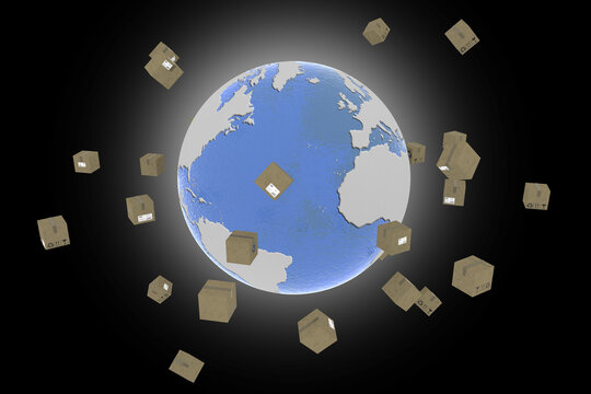 Spedizione intorno al mondo. Pacchi ruotano attorno al globo per essere consegnati.