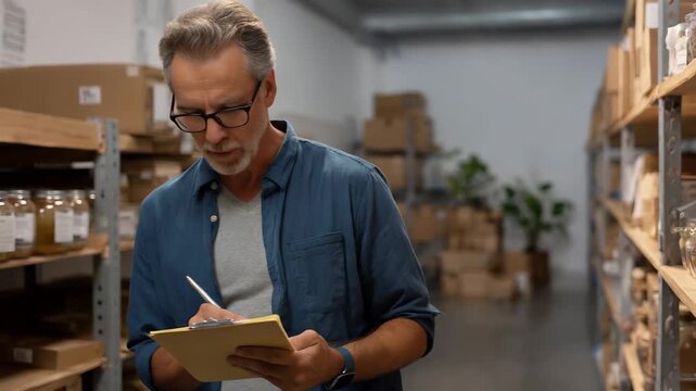 Experienced inspector conducts small business store appraisal in clean storage area, ensuring inventory accuracy and quality control for local enterprises