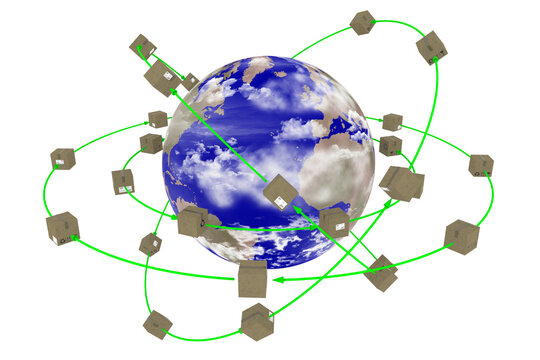 Spedizione intorno al mondo. Pacchi ruotano attorno al globo per essere consegnati.