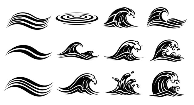 A collection of black and white vector illustrations depicting various styles of ocean and water waves, including ripples, breaking waves, and splashes.