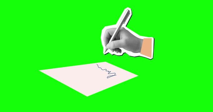 Black and white hand signs on a document. Modern collage style. Green screen background. 4K animation