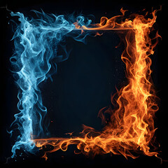 Fototapeta premium Fiery and icy flame frame isolated on black background