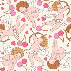 Fototapeta premium Seamless vector pattern with Valentine angel character with cherry and hearts. Cute vintage cupid illustration for fabric or print design.