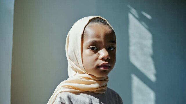 Thoughtful Girl in Beige Hijab Standing by Window in Soft Light