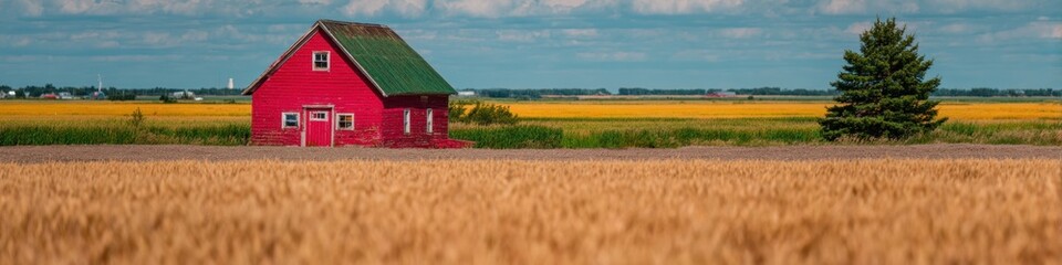 Obraz premium Vibrant red barn standing in golden wheat field under clear blue sky, traditional rural farm landscape for agricultural heritage and food production concepts