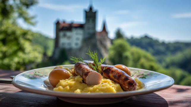 Romanian Mamaliga (Polenta) with sausages and egg against Bran Castle background