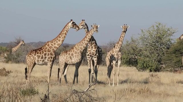 Giraffe Herd Standing In African Savanna Grassland