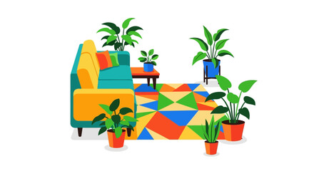 Obraz premium A cozy and welcoming living room illustration featuring a comfortable sofa, indoor plants, decorative cushions, and a colorful rug. The warm interior design creates a relaxing home atmosphere that ref