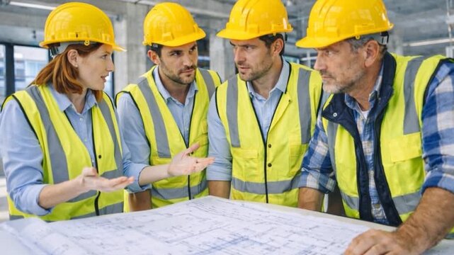 Businesswoman explaining blueprint to male colleagues. People, architect and blueprint with team at meeting, writing and point with solution for building. 