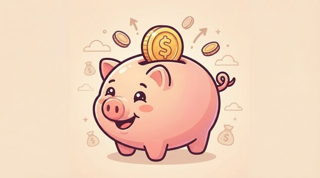 Cartoon-style pink piggy bank with smiling face receiving a gold coin from a hand.