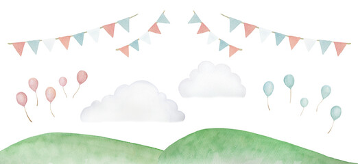 Watercolor event design set with green hills, clouds, colorful bunting, and balloons-300dpi-