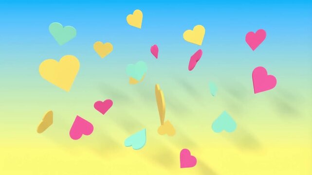 Multiple flat paper hearts in bold solid colors floating and rotating in a bright gradient yellow to blue background concept of playful graphic design and joyful geometry