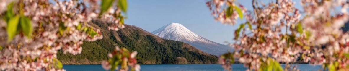 Snow capped mountain peak framed by pink cherry blossoms in spring at sunrise, scenic wide landscape for seasonal travel and nature tourism backgrounds
