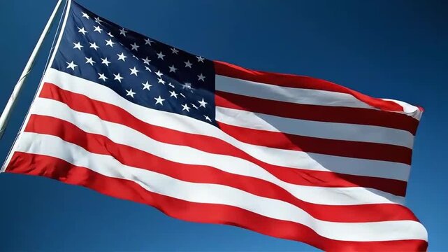 USA Flag Waving on Presidents' Day in Clear Blue Sky View