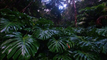 Obraz premium Lush Monstera Leaves Growing in a Dense Tropical Jungle Arrangement with Natural Textures to be Used as an Abstract Background for Wellness and Spa Concepts
