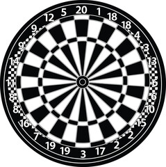 Black dartboard target silhouette with numbers, professional darts game equipment icon isolated on white background for sports design
