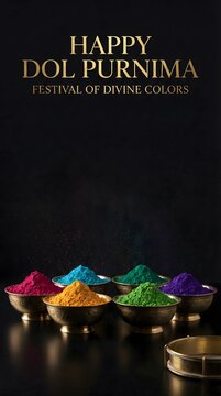Vibrant Holi powders in decorative bowls for Dol Purnima festival