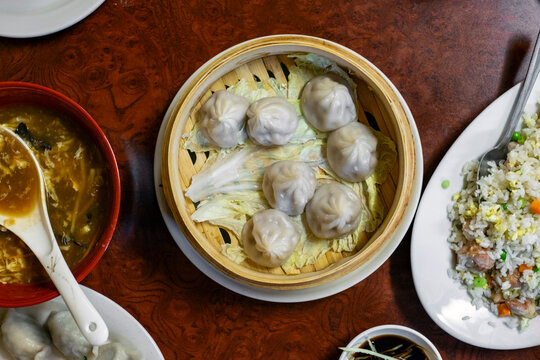 Chinese dumplings and fried rice view from above