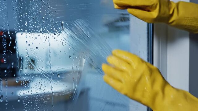 Cleaning glass surface with yellow rubber gloves and a squeegee in a modern room setting