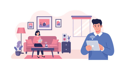Vector illustration of a man holding a tablet with a woman relaxing on a pink couch in the background, for website or presentation