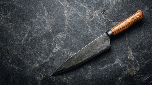 Knife is laying on a stone surface. The knife is old and has a wooden handle. The knife is not sharp and is not in use