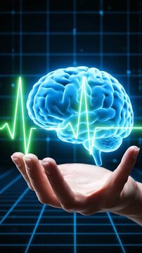 A glowing, stylized blue brain held in a hand with a green pulse line over a blue grid