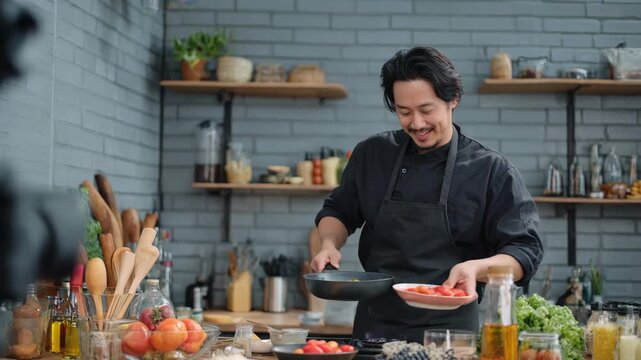 Asian bearded man cooking and introducing fresh ingredients in a cozy kitchen during a sunny day at home