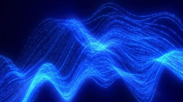 Bright electric blue digital waves forming layered flowing lines in a dark futuristic environment