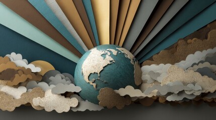 Obraz premium Paper cutout of a globe with clouds in the background. The globe is surrounded by a rainbow of colors, giving the impression of a vibrant and lively scene
