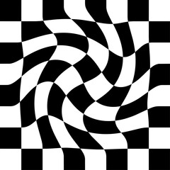 Obraz premium Retro checkered distorted black vector background. Wallpaper in the style of 70s summer hippies. Psychedelic geometric checkered pattern. Trippy checkerboard with warped cells. Groovy Y2K design.