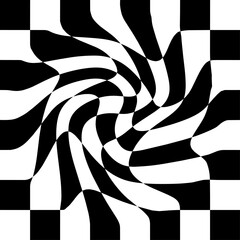 Retro checkered distorted black vector background. Wallpaper in the style of 70s summer hippies. Psychedelic geometric checkered pattern. Trippy checkerboard with warped cells. Groovy Y2K design.