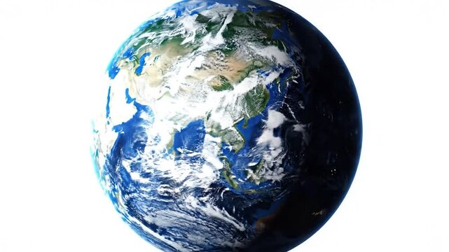 Realistic globe shows continents, oceans, clouds, and terminator line against white