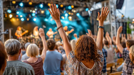 Obraz premium Celebration of music and joy as the crowd dances under vibrant lights at an outdoor concert
