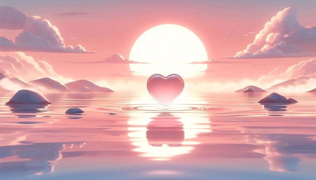 Minimalist anime illustration of A heart shaped object floating on calm water during a serene pink sunset