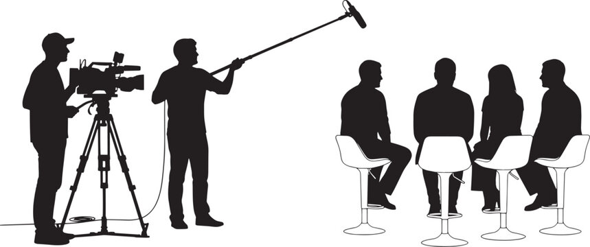 Professional film crew capturing a television interview with a panel of experts, showcasing modern media production and broadcast techniques in a dynamic studio setting