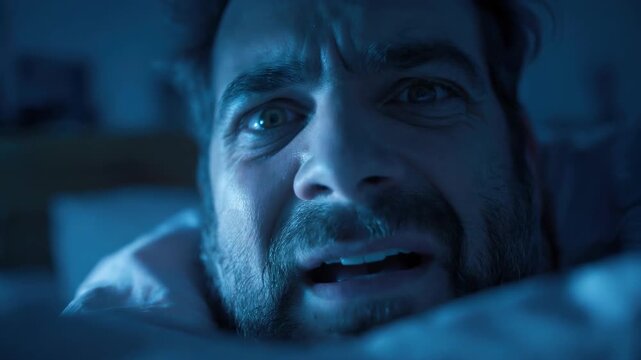 Man awakes in fear in his bed, startled by a chilling presence in the night, a dark bedroom illuminated by eerie blue light, showcasing raw emotion and surprise