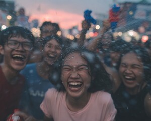 Group of Happy Asian Friends Celebrating Songkran Festival with Water Guns for Summer Holiday Travel and Cultural Event Marketing Campaign Scene with Motion Blur