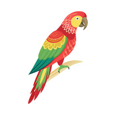 Obraz premium Vibrant red and yellow macaw parrot with colorful feathers and a sharp beak isolated on a white background, depicting an exotic tropical bird from the wild nature of the jungle