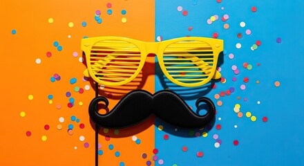 April fools day fun with colorful sunglasses and mustache on orange blue background