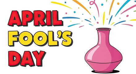 April fools day funny cartoon graphic with pink vase and colorful fireworks on white background