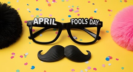 April fools day glasses and mustache prank props on yellow background