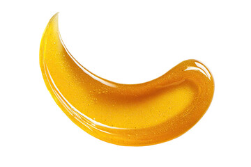 Golden, translucent, liquid smear.  A smooth,  honey-like substance,  in a curved,  eye-drop shape,  with hints of sparkle