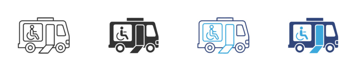 Accessible transportation symbol icons for disabled people featuring a wheelchair ramp and accessible van, linear and solid filled versions. © Baizidmia
