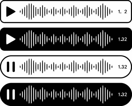 Audio waveform player interfaces in black and white with play and pause icons and timecodes, representing sound recording and playback controls