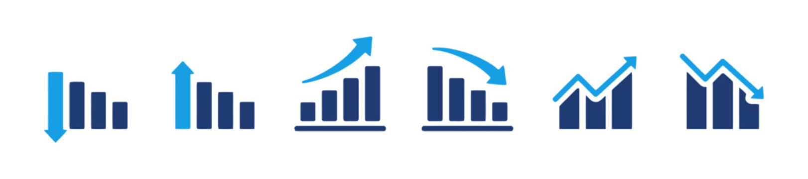 Bar chart icons showing financial progress and decline with upward and downward arrows indicating growth and loss business analytics data visualization abstract graphic elements vector set