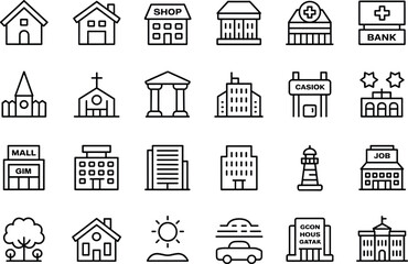 Set of buildings icons, city houses linear signs, architecture line pictograms, editable stroke