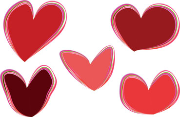 red hand drawn abstract curved banners hearts set