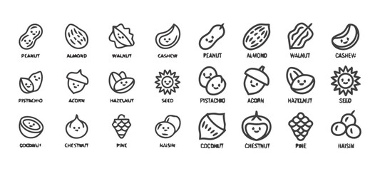 Collection of cute nut and seed icons with faces, including peanuts, almonds, walnuts, cashews, pistachios, acorns, chestnuts, and berries © Rifat
