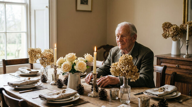 An elderly smiling man sits at a festive table decorated with candles and flowers, celebrating his birthday